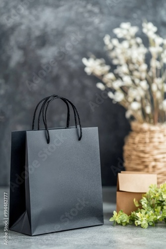 Plain black shopping bag on a textured gray background, ideal for retail and ...