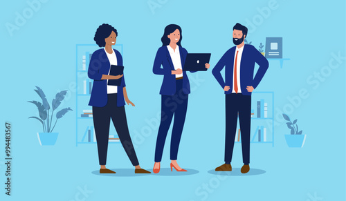 Group of office people - Businesspeople working in team, standing together with computers, smiling and discussing work. Colleague teamwork concept in flat design vector illustration