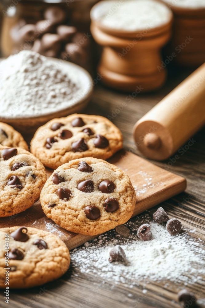 Fototapeta premium Warm chocolate chip cookies on a wooden board with baking supplies and festive decorations