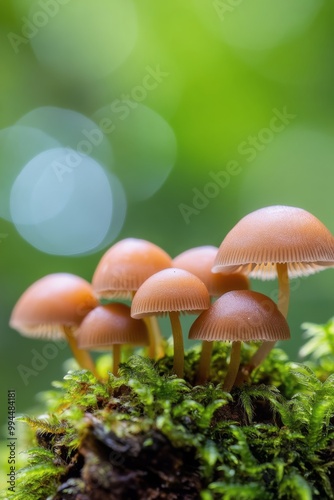Delicate mushrooms growing on moss in a lush green forest during early mornin...