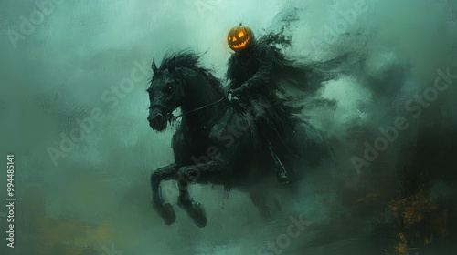 The Headless Horseman: Headless Horseman, a jack-o-lantern as his head, riding a black horse through a dark, foggy forest.	
