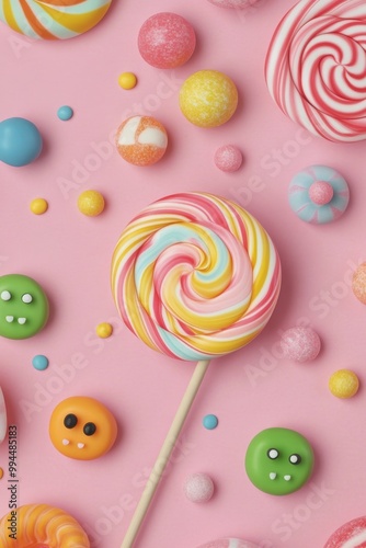Colorful lollipops and candies arranged on a pink background for a vibrant de...
