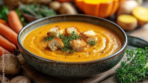 Rustic Creamy Pumpkin Soup in Bowl with Herbs – Cozy Fall Comfort Food