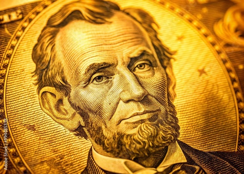 Stunning close-up of a vintage gold five dollar bill showcasing intricate design and craftsmanship photo