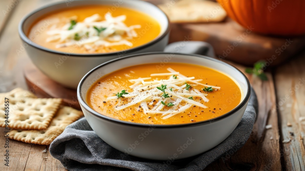 Autumn Pumpkin Cream Soup with Fresh Herbs, Croutons, and Spices – Seasonal Dish Autumn Pumpkin Cream Soup with Fresh Herbs, Croutons, and Spices – Seasonal Dish