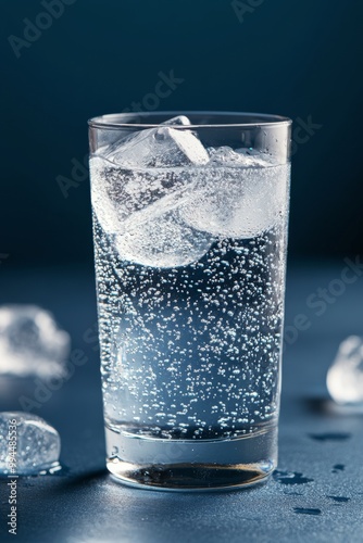 A refreshing glass of sparkling water with ice cubes on a dark background