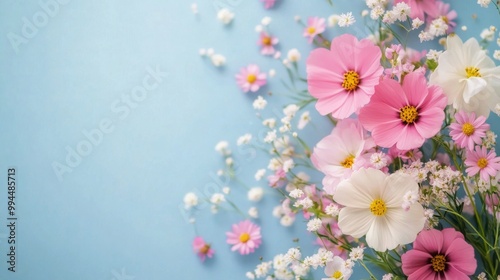 A colorful arrangement of pink and white flowers on a blue background for spr...