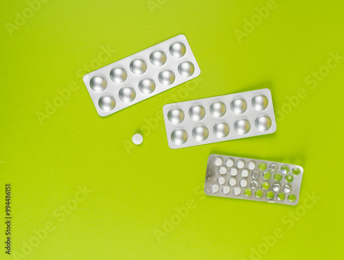 Pill Blister on Color Background, Silver Medicine Capsule Package, Drugs Packaging, Pill Pack