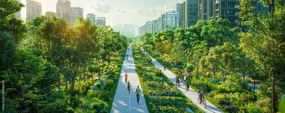 Blueprint of a green city corridor, integrating pedestrian pathways, bicycle lanes, and extensive plantings to reduce urban heat island effect Blueprint of a green city corridor, integrating pedestrian pathways, bicycle lanes, and extensive plantings to reduce urban heat island effect