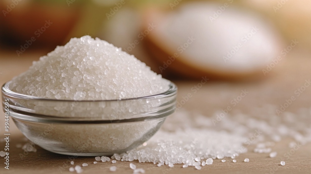 Freshly poured salt in a glass bowl on a rustic wooden table at home in natural lighting Freshly poured salt in a glass bowl on a rustic wooden table at home in natural lighting