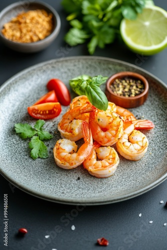 Deliciously grilled shrimp garnished with fresh herbs on a white plate agains...