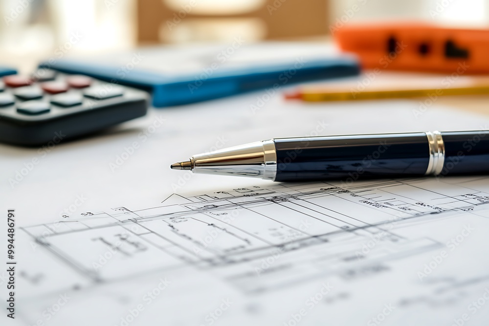 Pen on a blueprint with calculator and pencil, concept of architecture, construction, design, and engineering Pen on a blueprint with calculator and pencil, concept of architecture, construction, design, and engineering