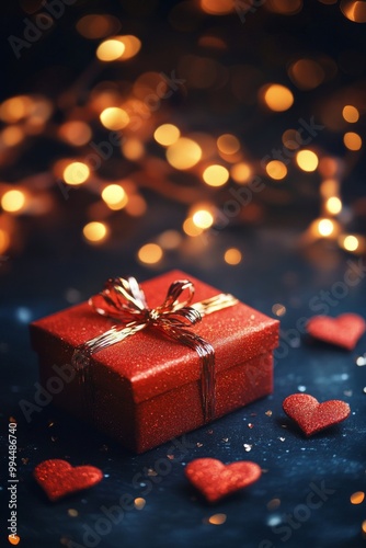 A red gift box sits amidst scattered heart shapes and soft glowing lights on ...