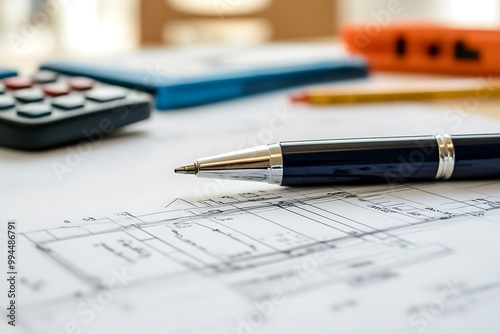 Pen on a blueprint with calculator and pencil, concept of architecture, construction, design, and engineering