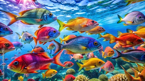 Stunning Colorful Fish Swimming Gracefully in Clear Blue Water of Vibrant Underwater Environment photo