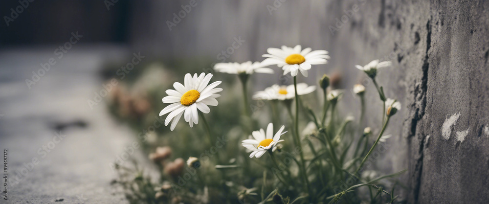 Obraz premium Daisies blooming in an urban concrete crevice