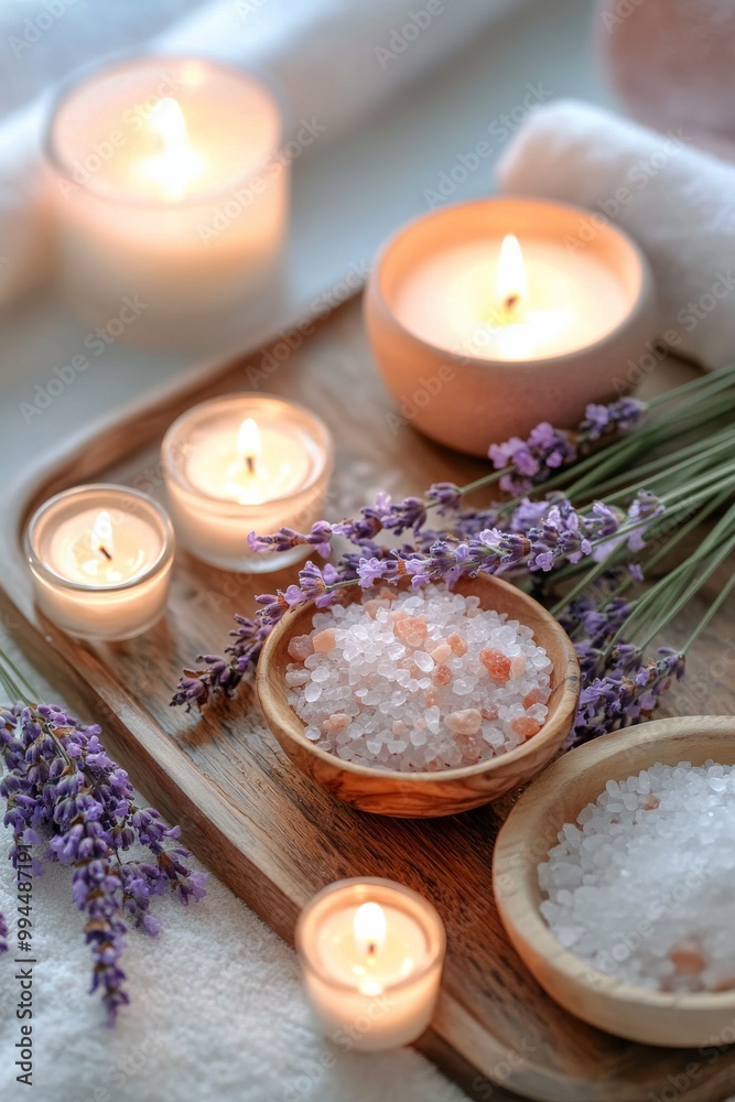 Relaxing spa setting with lavender, candles, and bath salts arranged on a wooden tray Relaxing spa setting with lavender, candles, and bath salts arranged on a wooden tray