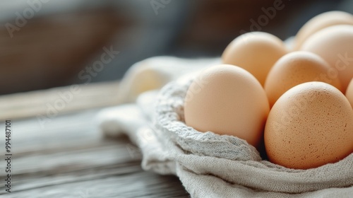 Fresh organic eggs nestled in a natural basket on a wooden surface during day...