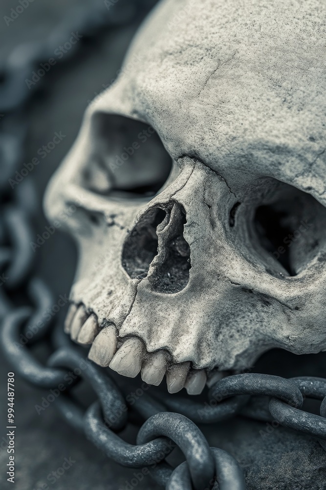 Close-up of an aged human skull with chains against a dark background, evoking eerie atmosphere Close-up of an aged human skull with chains against a dark background, evoking eerie atmosphere