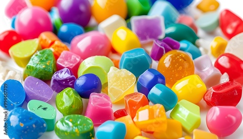 Colorful plastic masterbatch pellets arranged against a crisp white background