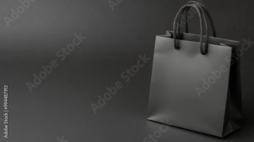 Simple black shopping bag displayed on a dark background highlighting its ele...