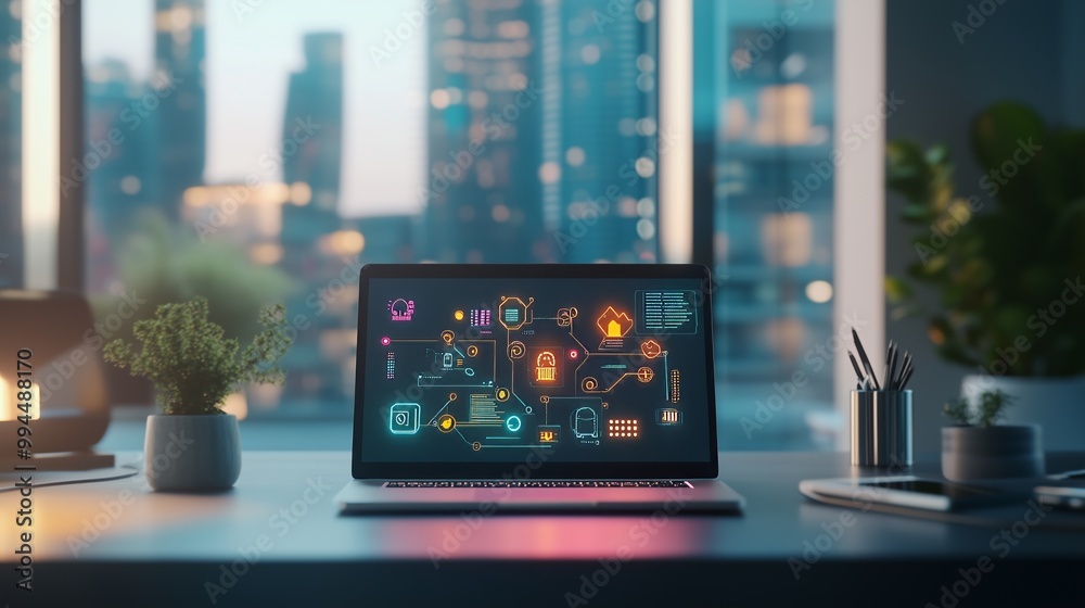 A sleek laptop on a modern desk displays a vibrant cloud computing diagram, showcasing innovation. A sleek laptop on a modern desk displays a vibrant cloud computing diagram, showcasing innovation.
