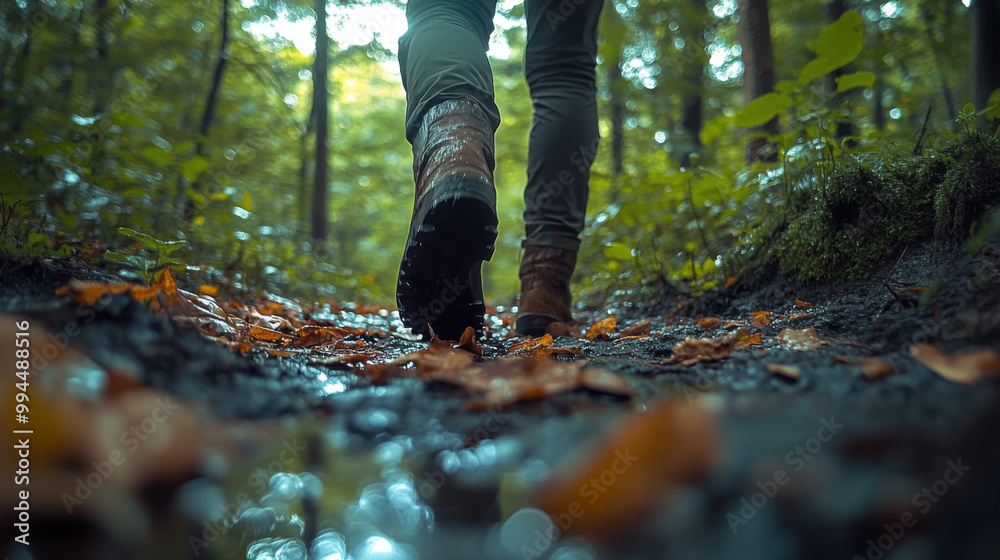 Hiker in forest walking along a lush, green, and sun-dappled path filled with wet leaves and ground foliage, taken from a low-angle perspective Hiker in forest walking along a lush, green, and sun-dappled path filled with wet leaves and ground foliage, taken from a low-angle perspective