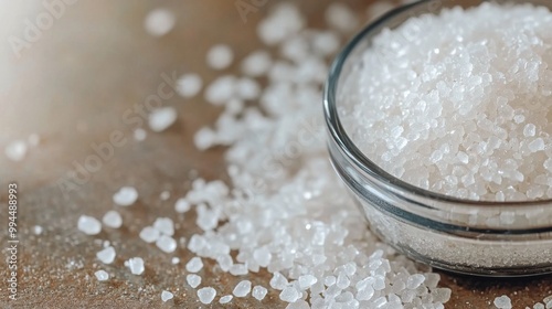 Freshly poured salt in a glass bowl on a rustic wooden table at home in natur...