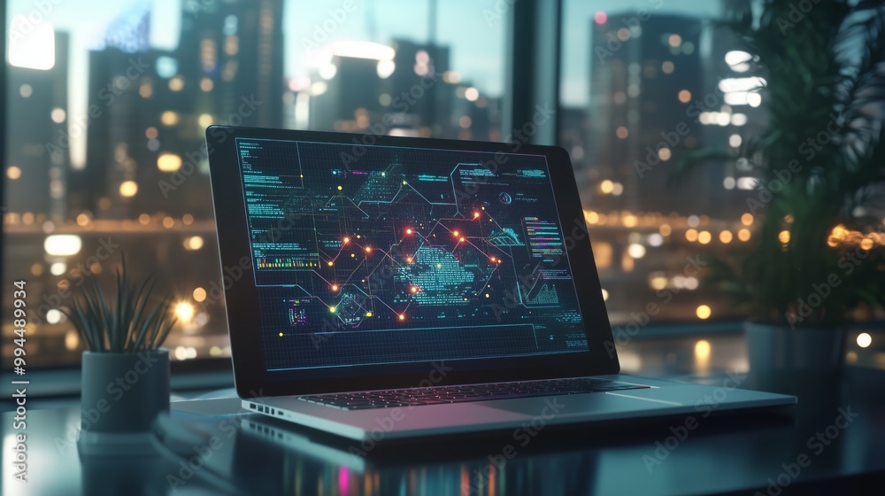 A sleek laptop displays a vibrant cloud computing diagram in a modern, minimalist office with city views. A sleek laptop displays a vibrant cloud computing diagram in a modern, minimalist office with city views.