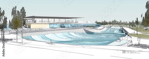 Technical drawing for an advanced water sports complex, including artificial wave pools, sustainable water recycling systems, and energy-efficient pump designs