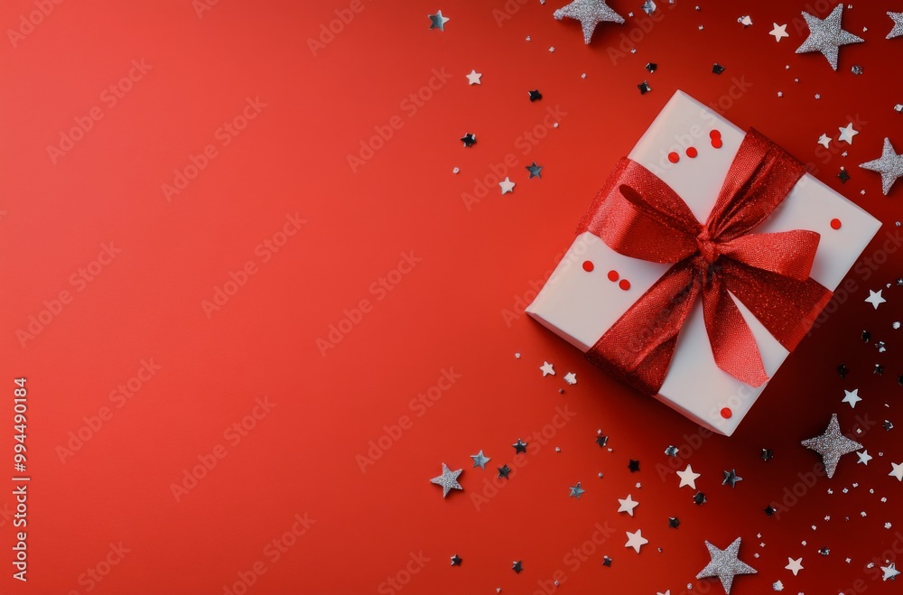 A beautifully wrapped gift box with red ribbon on a festive red background surrounded by stars A beautifully wrapped gift box with red ribbon on a festive red background surrounded by stars