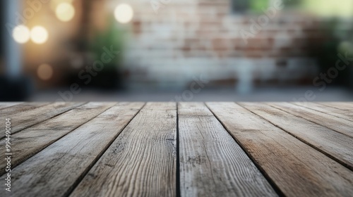 Wooden tabletop in a rustic setting with blurred background and warm lighting...