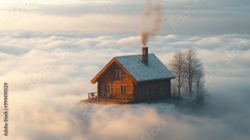 Rustic wooden house with vintage charm, surrounded by soft clouds in a dreamy, romantic setting. Perfect for Valentine's Day, love, family, and cozy home decor themes, blending retro design and warmth