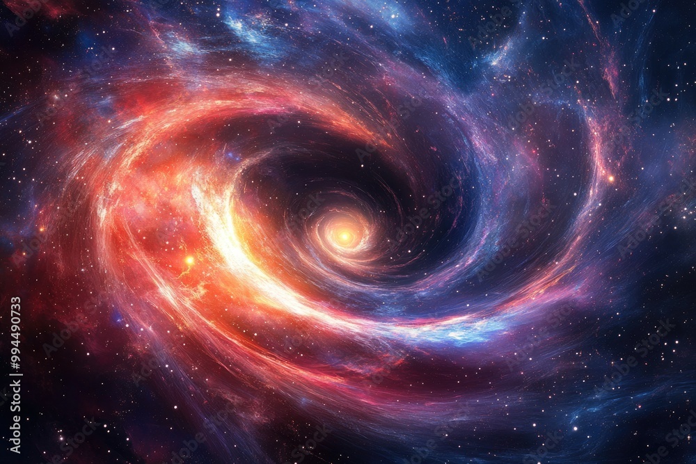 Swirling galaxy texture with glowing stars, nebulae, and black holes creating a cosmic vortex