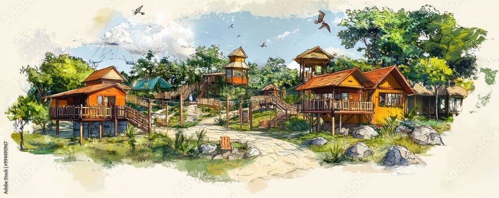 Fototapeta premium Technical drawing for an eco-tourism adventure park, focusing on low-impact designs and conservation education