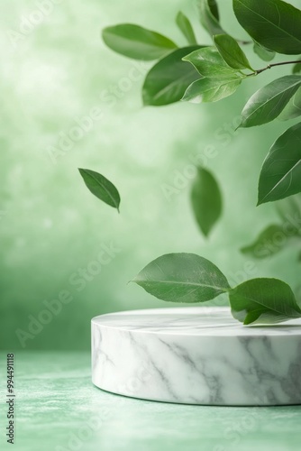 Green leaves floating above a marble pedestal against a soft gradient background
