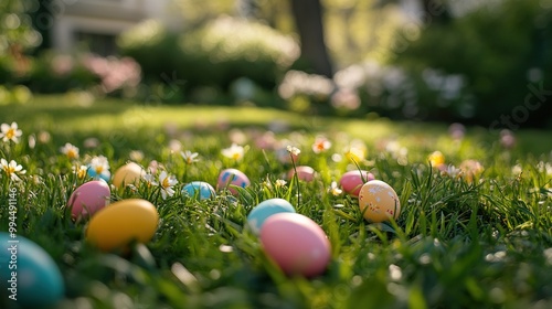 A lively Easter egg hunt in a backyard, with colorful eggs scattered among blooming flowers photo