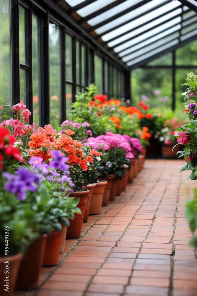 Vibrant flower-filled greenhouse walkway surrounded by blooming plants in springtime Vibrant flower-filled greenhouse walkway surrounded by blooming plants in springtime