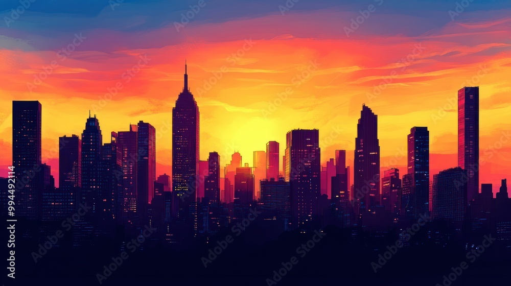 Silhouette of a Modern City Skyline at Sunset Silhouette of a Modern City Skyline at Sunset