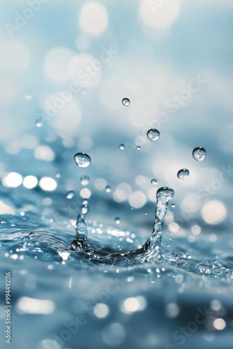 Close-up view of water droplets splashing in a serene blue setting on a calm ...