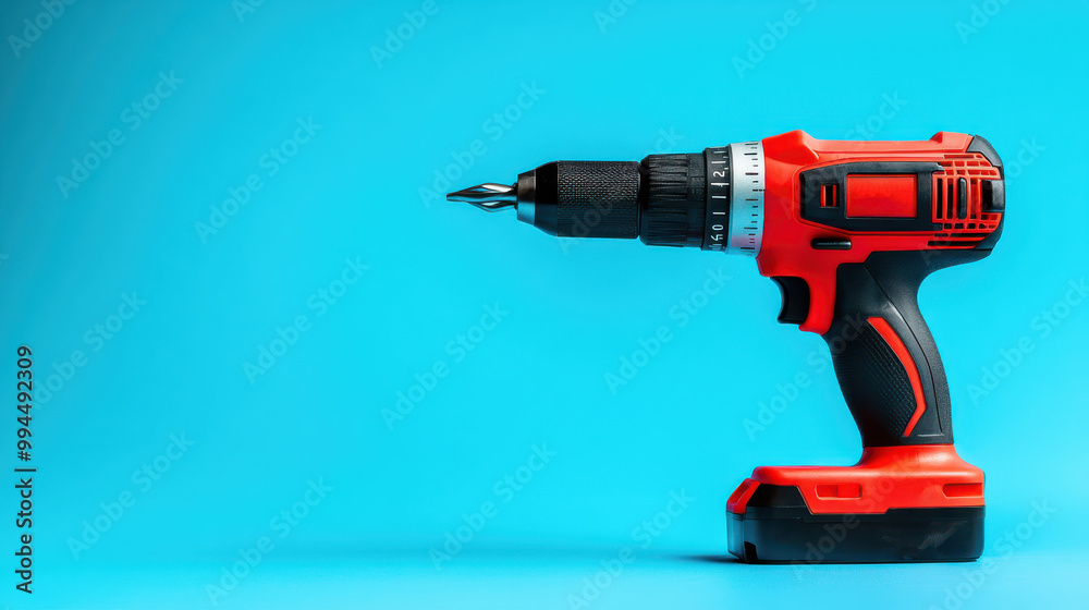 Cordless red power drill with a sleek design on a blue background, symbolizing home improvement, DIY tools, and modern engineering equipment for construction projects. Cordless red power drill with a sleek design on a blue background, symbolizing home improvement, DIY tools, and modern engineering equipment for construction projects.
