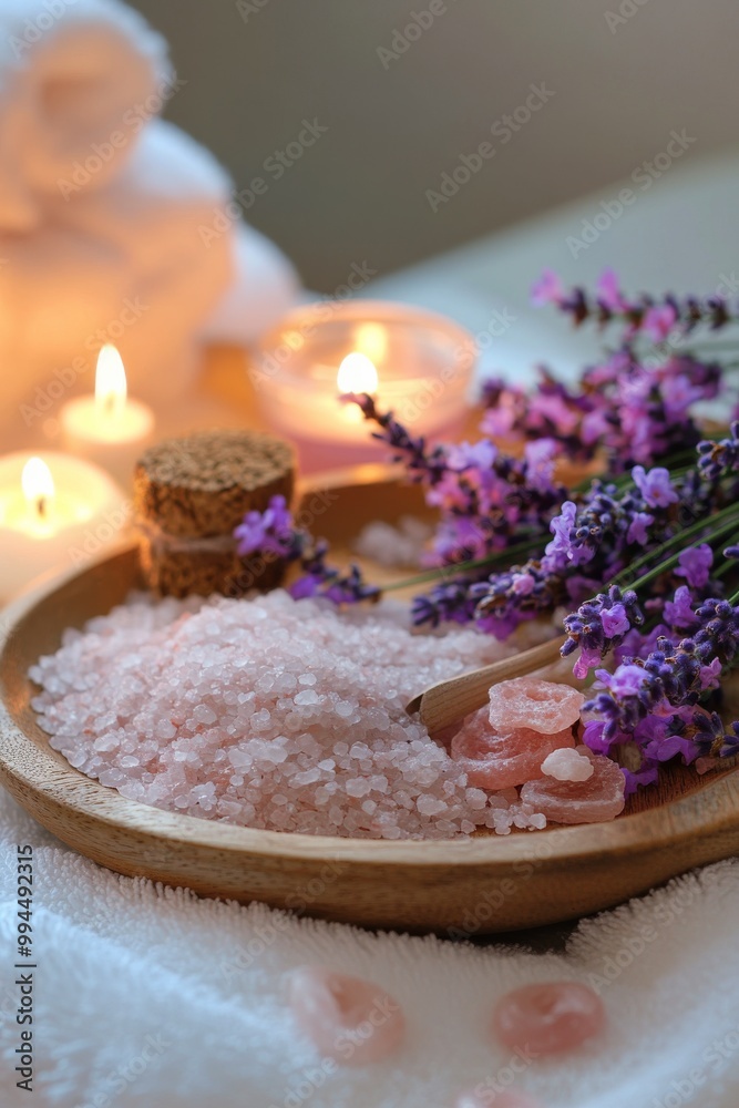 Relaxing spa setting with lavender, candles, and bath salts arranged on a wooden tray Relaxing spa setting with lavender, candles, and bath salts arranged on a wooden tray