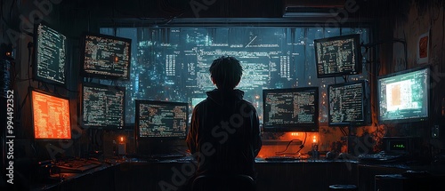 Cyberpunk Programmer Working Late at Night