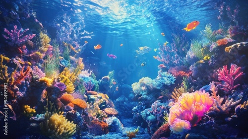 Wallpaper Mural Underwater Coral Reef with Colorful Fish and Sunbeams Torontodigital.ca