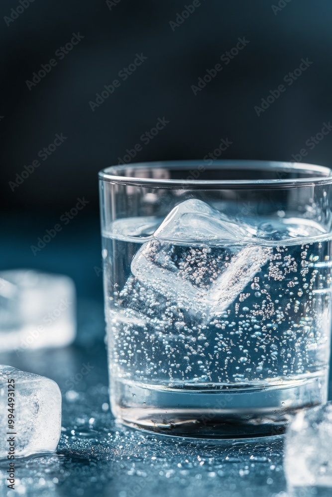 A refreshing glass of sparkling water with ice cubes on a dark background