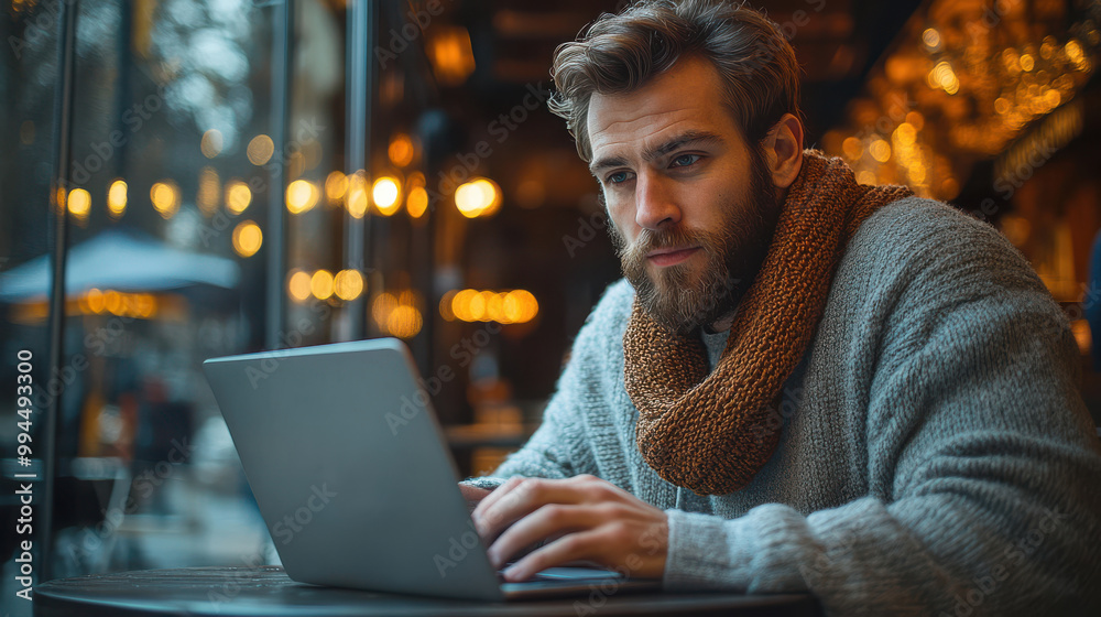 Man with beard and scarf using a laptop in a cozy café setting, working remotely, focused expression, warm lighting, modern workspace, urban lifestyle, evening atmosphere, productivity. Man with beard and scarf using a laptop in a cozy café setting, working remotely, focused expression, warm lighting, modern workspace, urban lifestyle, evening atmosphere, productivity.