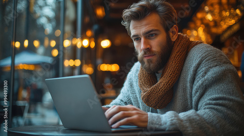 Man with beard and scarf using a laptop in a cozy café setting, working remotely, focused expression, warm lighting, modern workspace, urban lifestyle, evening atmosphere, productivity. photo