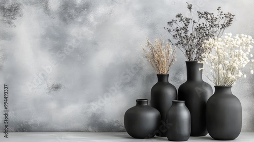 Elegant display of black vases with dried flowers on a neutral backdrop in a ...