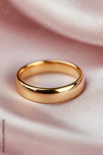 Elegant gold wedding ring resting on soft pink satin fabric in a romantic set...