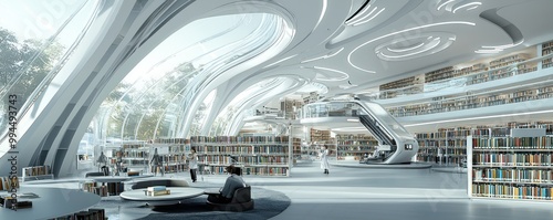 Technical drawing for a futuristic library with automated book retrieval systems, immersive reading environments, and energy-efficient design